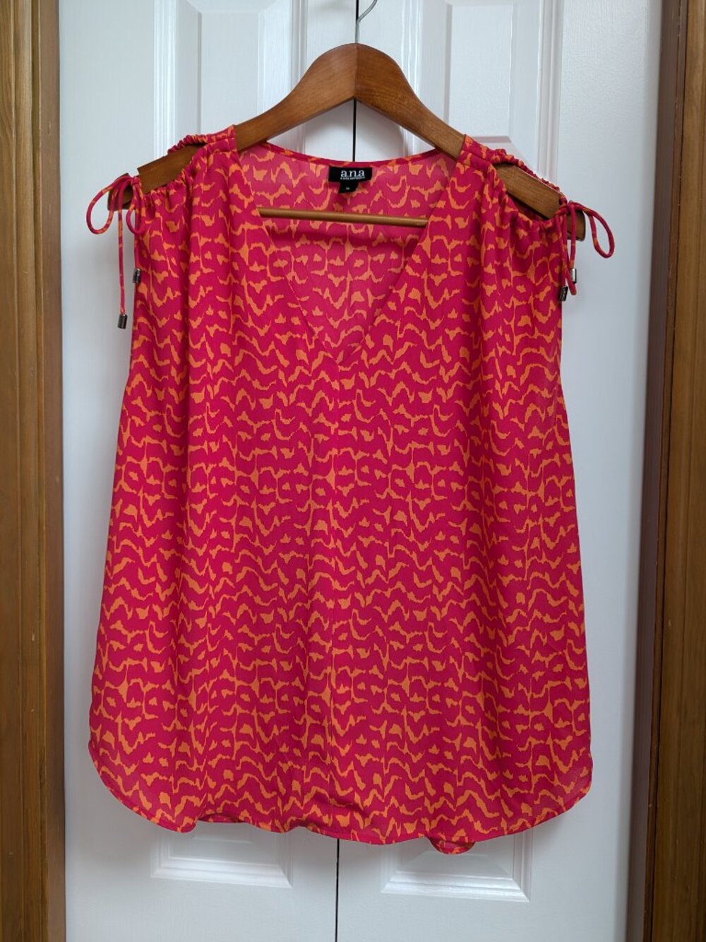 a.n.a Vibrant Pink & Orange Patterned V-Neck Tank Top with Cinched Shoulder Ties